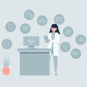 illustration of a clinician with a tablet surrounded by and health data icons