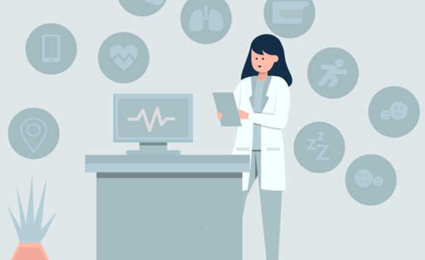 illustration of a clinician with a tablet surrounded by and health data icons