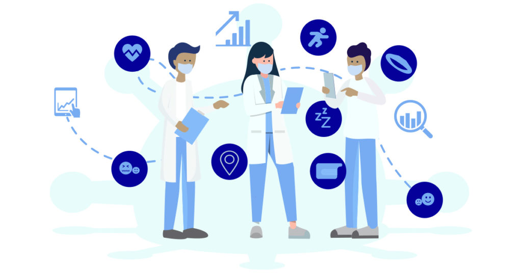 illustration of three practitioners with charts and icons