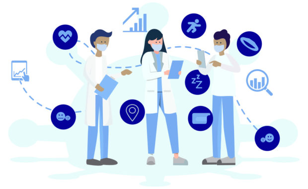 illustration of three practitioners with charts and icons